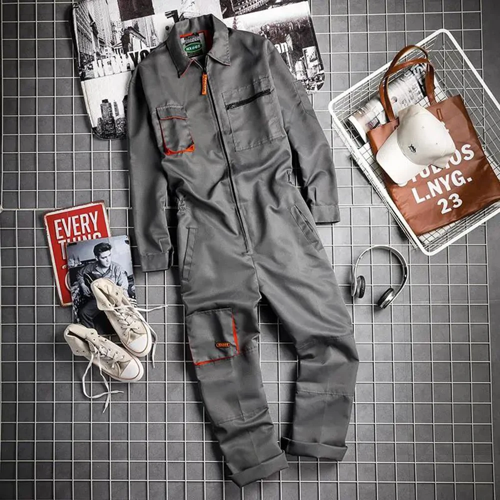 

Spring Autumn Workwear Long-Sleeved Jumpsuit Mens American Street Style Khaki Retro Harajuku Style Loose Casual Jumpsuit Suit