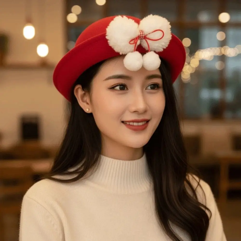 Princess Hat Vintage Looking Red Bowler Hats Japanese Style Beret Woolen Bucket Cap Versatile Bow Girls Dome Hat Performances