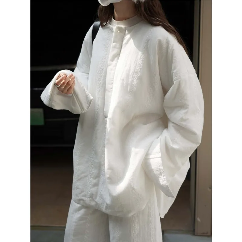 

Johnature Winter New Korean Style Simple Casual Round Neck Lace Double-Layer Cotton Loose Thick Warm Women Tops