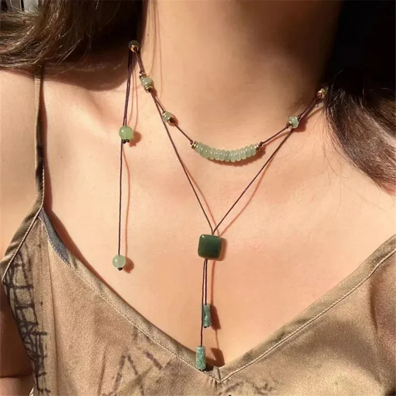 Original Handmade Vintage Natural Stone Green Aventurine Beads Women Stacking Neclace Woven Rope Ethnic Style Luxury Jewelry