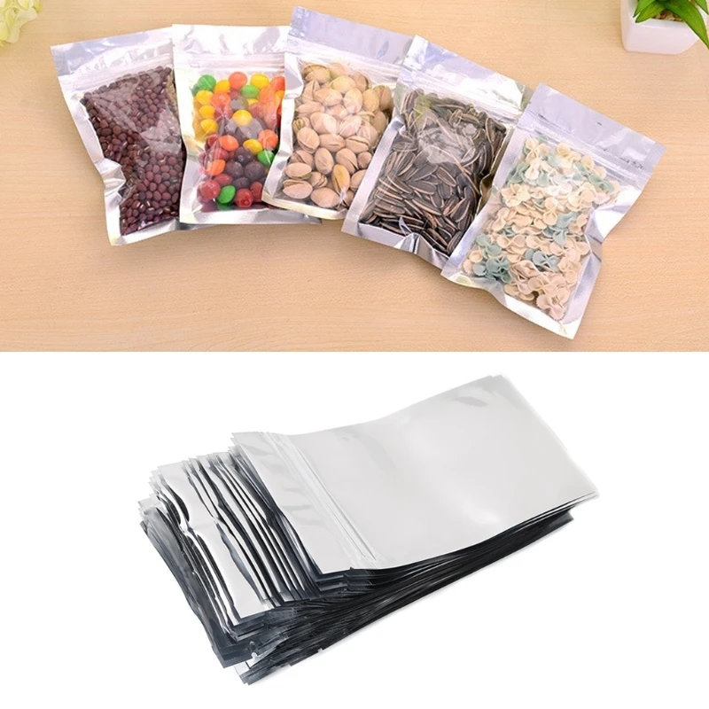 50 piezas 8,5x14 papel aluminio plateado Mylar bolsa reutilizable frontal transparente a prueba fugas