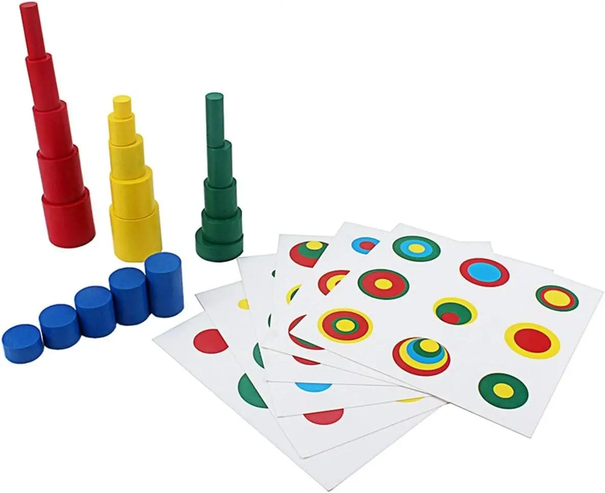 

Montessori Colored Cylinders With Control Cards Kids Wooden Knobless Blocks Shape & Color Recognition Material Toys (Colored Cyl