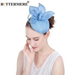 BUTTERMERE Women Fedora Blue Linen Bride Hats Female Elegant Wedding Party Vintage Pillbox Hat Ladies British Style Church Hats