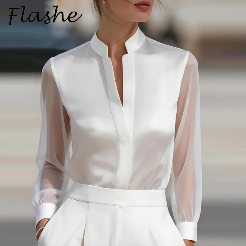 Transparente Mesh-Modeblusen für Damen, Locker Geschnittene V-Ausschnitt Seidenblusen, Langarm-Oberteile in Weiß, Schwarz, Rot, Pullover für Büro-Outfits