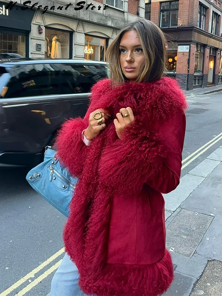 Chic Spliced Faux Fur Coat For Women Lapel Full Sleeve Jacket Red Reffled Solid Vintage Warm Coat New Lady Winter Streetwears