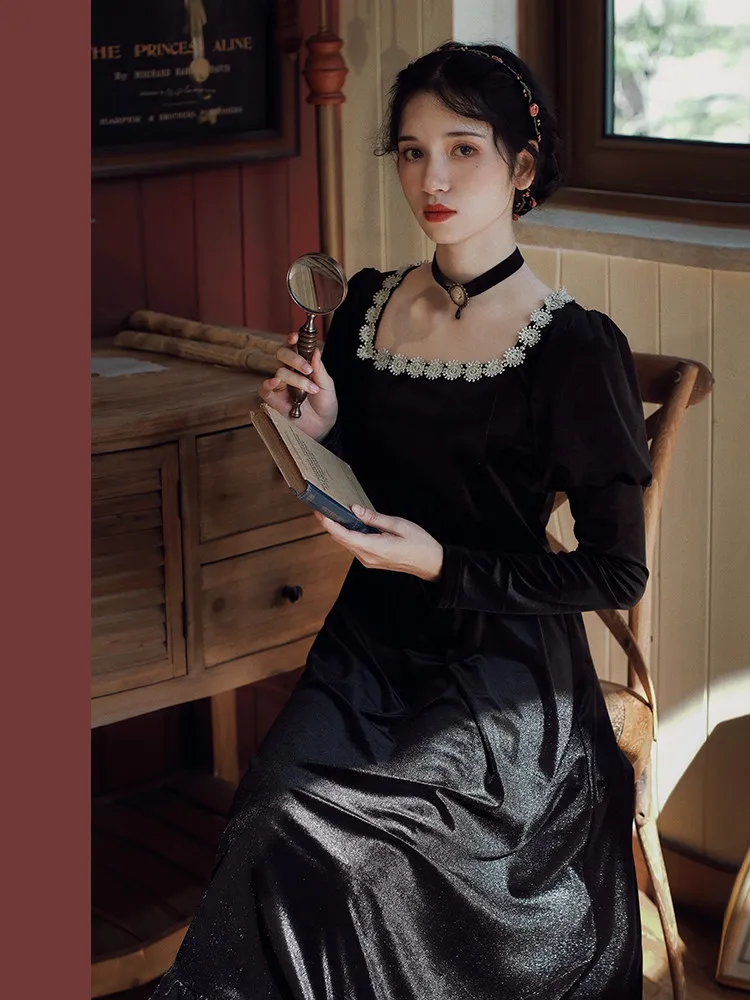 TIYIHAILEY 春秋の女性のベルベットドレスフルスリーブロングミッドカーフレディース S-L ヴィンテージハイウエスト 2026 スクエアカラーフリル