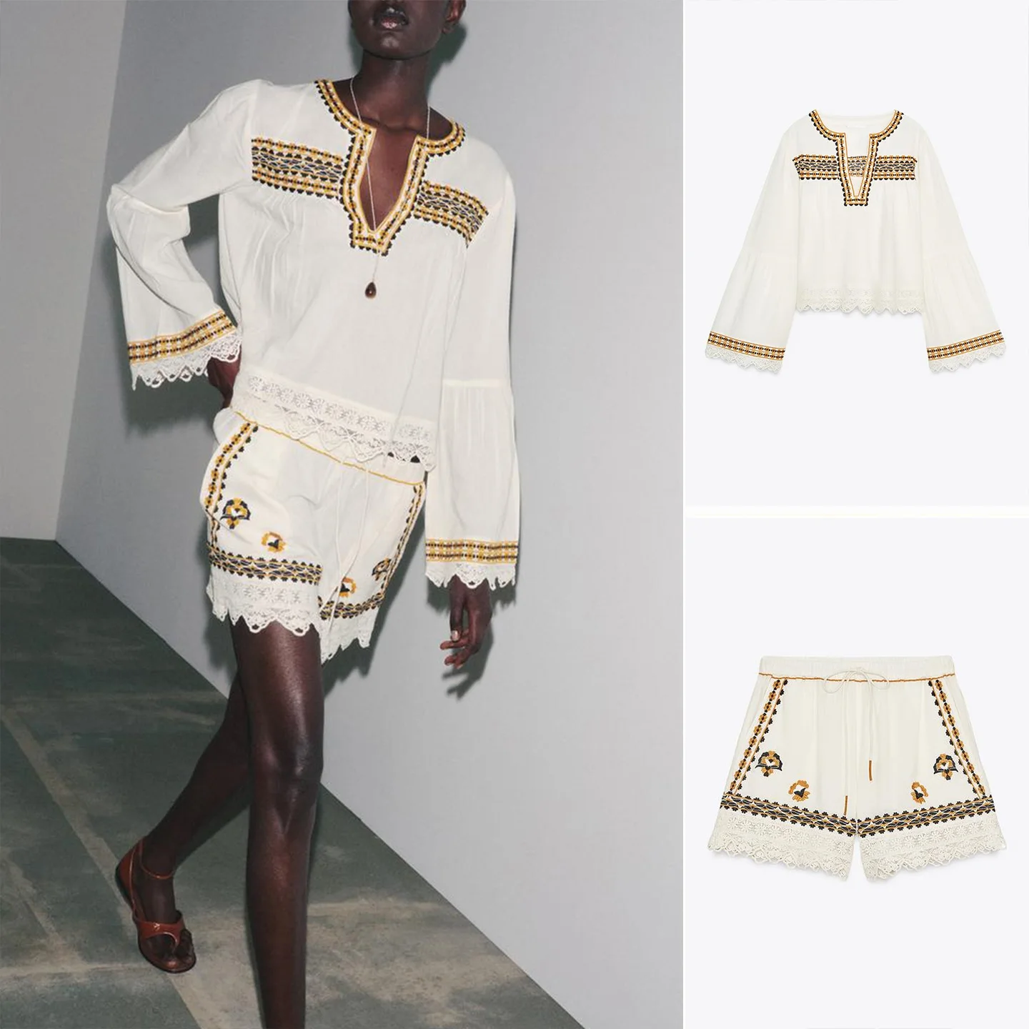 

V-Ne Embroidered Hem Patchwork Long Sve irt Cotton Blend mid Waist orts Polyester Fiber Thin Summer Women's irt