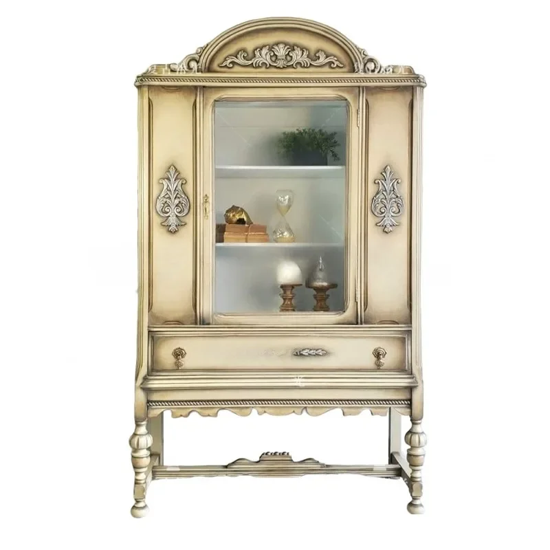 French retro solid wood carving flower porch cabinet small apartment living room decorative cabinet locker bookcase wine cabinet