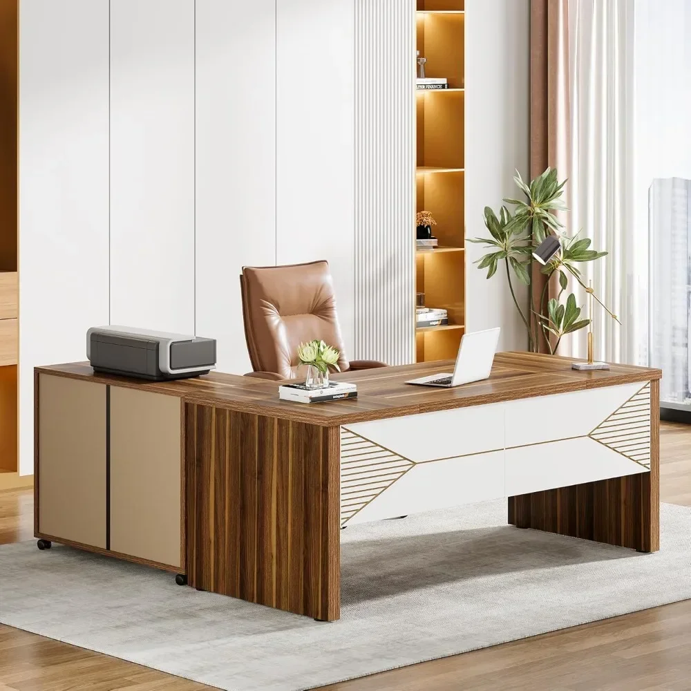 

62.99-Inch L-Shaped Executive Desk with Mobile Lateral File Cabinet, Large Office Workstation for Home Business