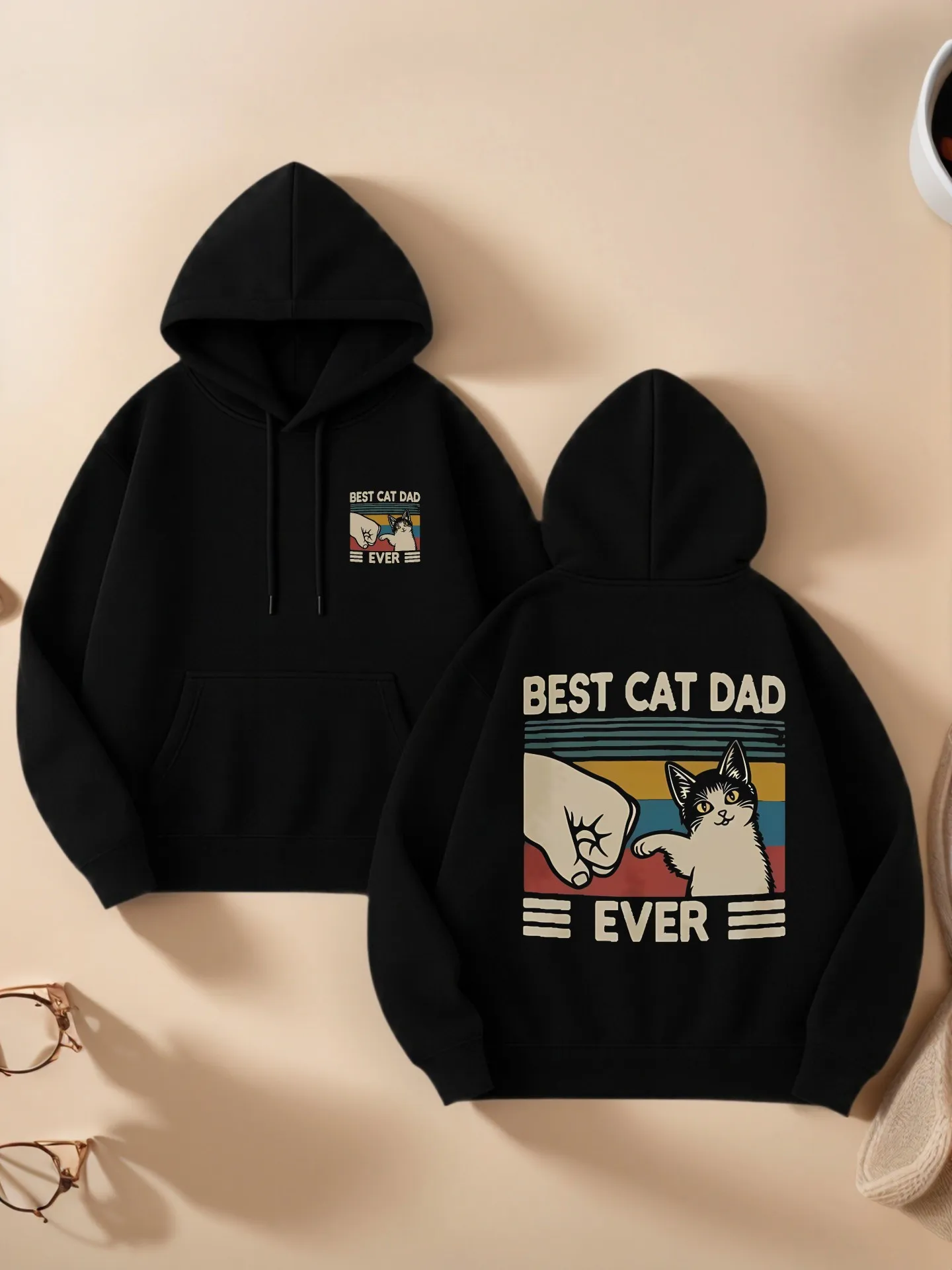 

Толстовка с рисунком, кошка - принт папы, повседневная эстетика, на флисовой подкладке, повседневная повседневная одежда, для мужчин