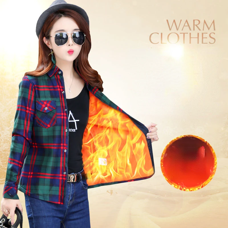 Autumn Winter Plaid Shirt Women Fleece Blouse Slim Long-sleeved Warm Women\'s Clothing Trends Tops Single Breasted Shirts Mujer