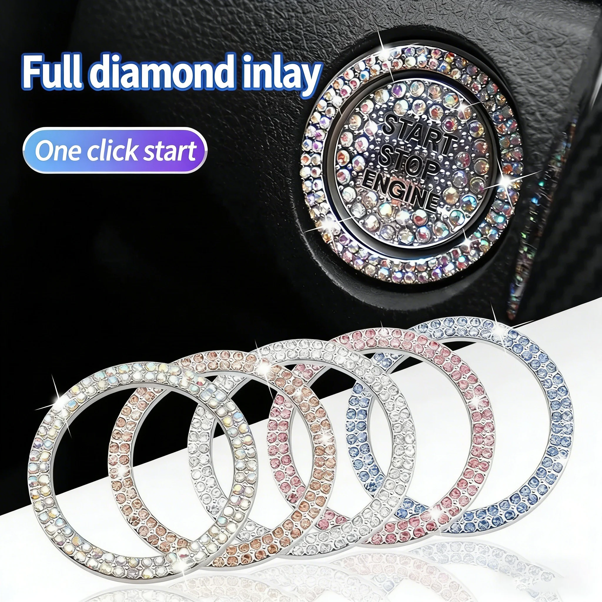 3D Car One-click Start Switch Auto Decorative Diamond Stickers Rhinestone Ring Circle Trims Protective Cover Car Accessories