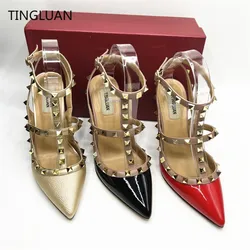 Luxury Woman Sandals High Heels Sexy Rivets Shoes 2022 Summer Genuine Leather Sandals 6cm 8cm 10cm Wedding Shoes 35-44 No Box