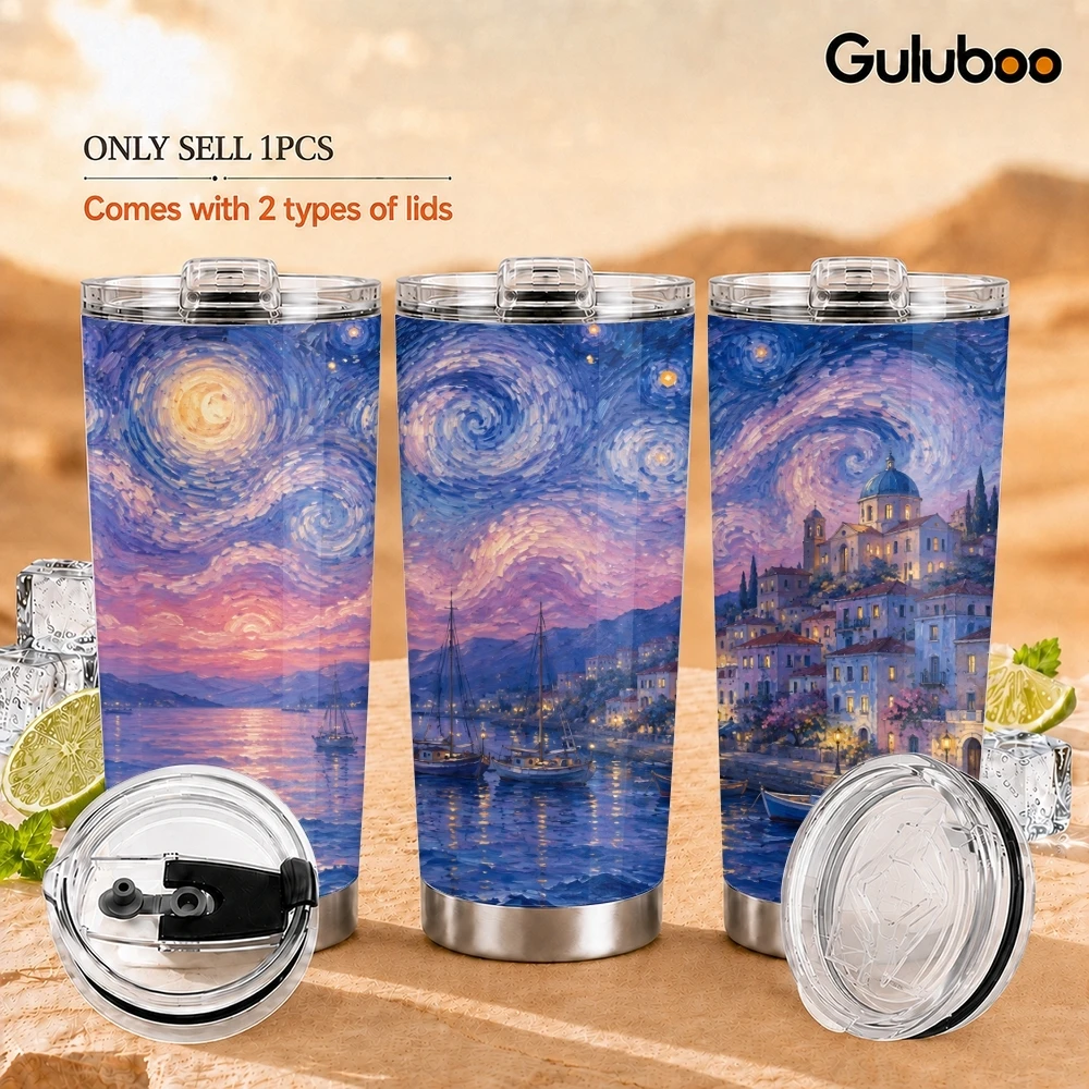 Starry Coastal Night Vacuum Flasks 20oz Long Lasting Hot Cold Drinks Container Leakproof Stainless Steel Cup&Straw&Travel Gift
