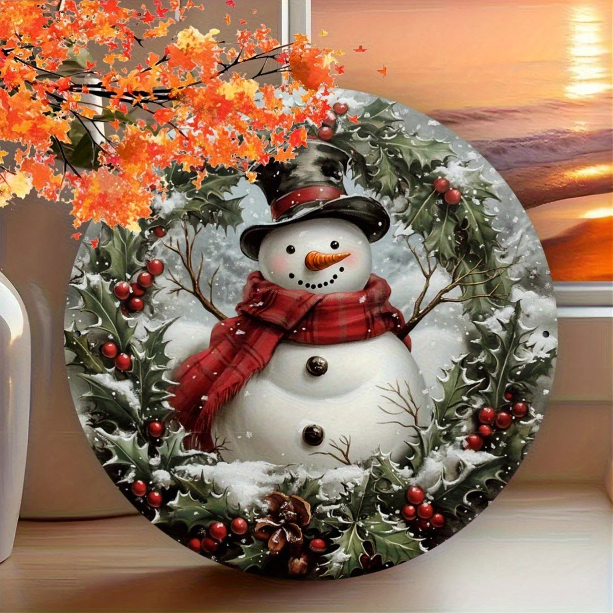 2D Flat, 1pc Snowman Round Vintage Aluminum Sign - 20.32x20.32 cm Rustic Christmas Wall Decor with Holly Berries and Pine Cones