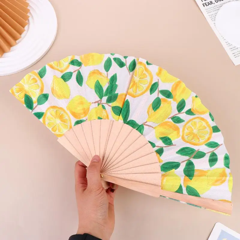 B*Lemon Print Folding Hand Fan Fruit Pattern Bamboo Fabric Handheld Fan For Summer Cooling Dance Performance Wedding Party Decor
