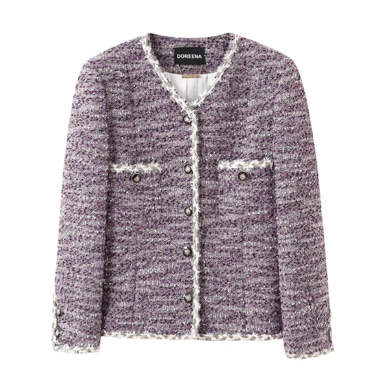 

Purple Small Fragrance V-neck Long-sleeved Short Coat for Women High-quality Office Lady Simple Versatile French Tweed Coat