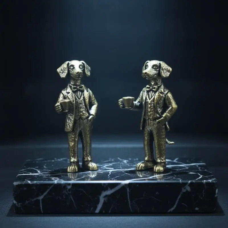 Handgefertigte Messingfigur eines Gentleman-Hundes mit charmantem Fliegenkragen, Teetrinkender Welpen-Statue für die Dekoration von Bücherregalen zu Hause, Kunsthandwerksgeschenk – Detail 10