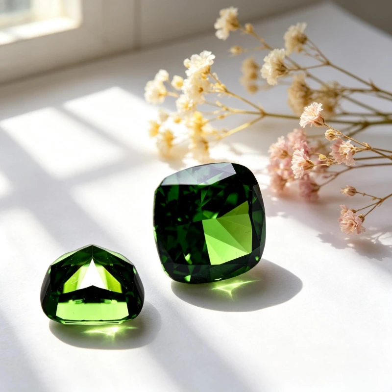 Kubisches Zirkonium, Crushed-Ice-Schliff, quadratische Kissenform, grüne Farbe, 5A+-Qualität, CZ, 4K-Schliff, hochkarätiger Diamant – Detail 5