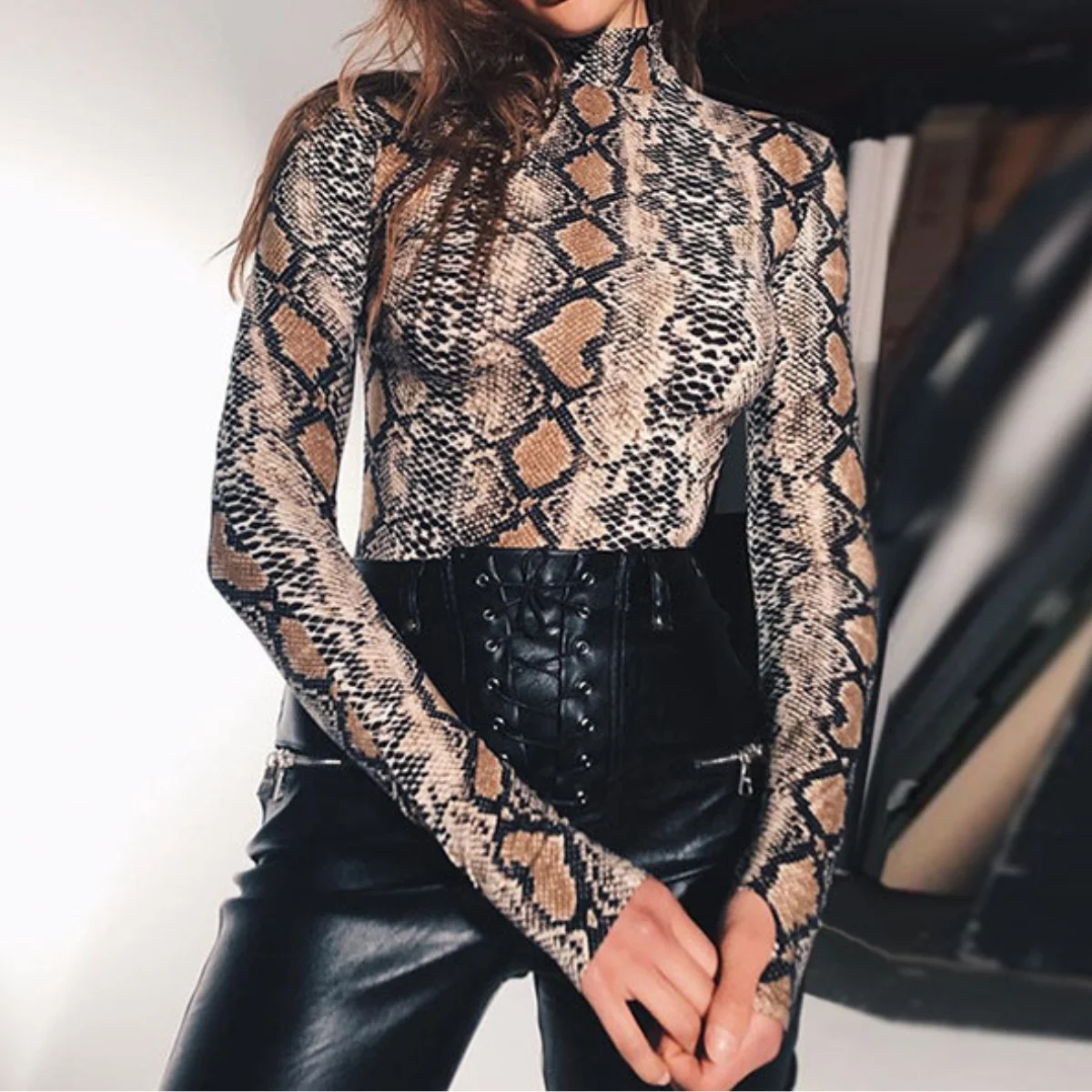 

Sexy Snake Patterned Jumpsuits Women Base Long Sleeves High Neck Y2k Clothing Skinny Bodysuits Fashion Romper One-piece Overalls