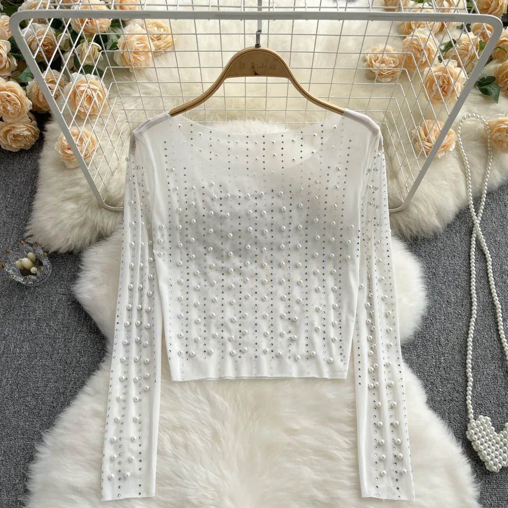 

Ele Lace Knitwear Loose Long Sve Hollow out Diamond Embellied Women's Summer Faionable Top round Ne Other Material