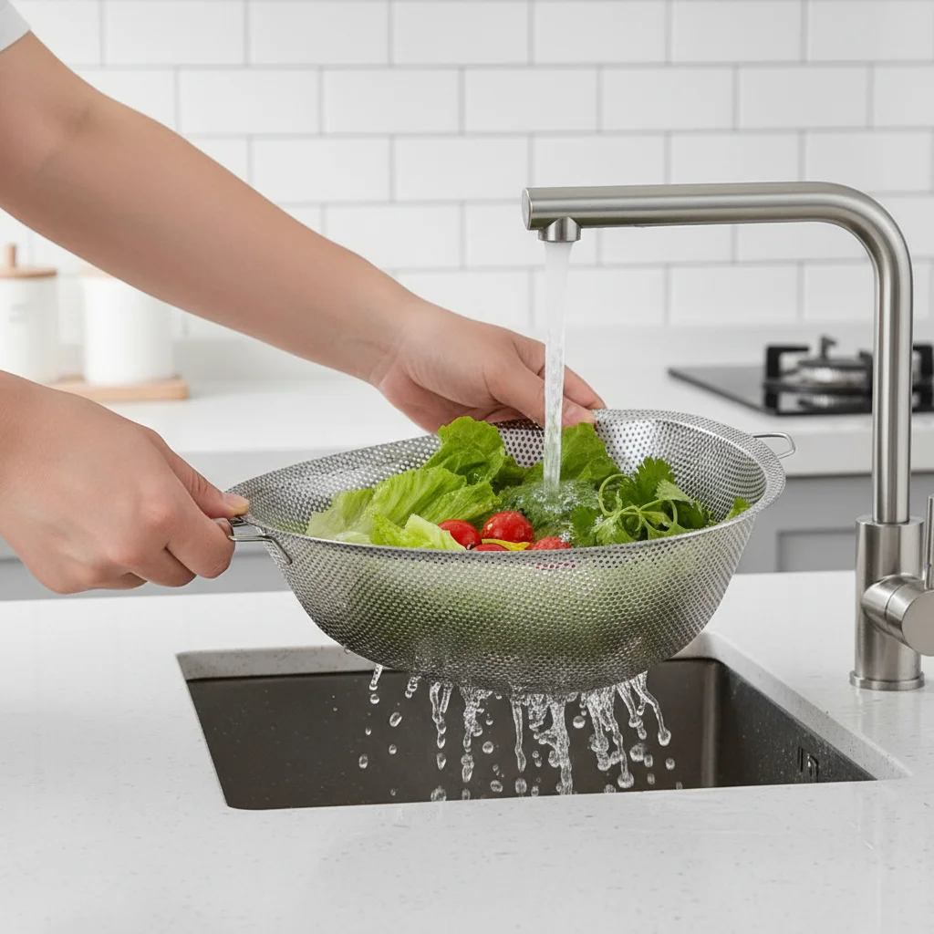 

Stainless Steel Colander With Fine Drainage Holes For Kitchen Vegetable Washing And Rice Sieving