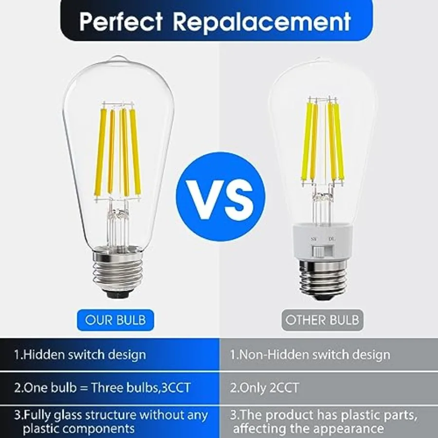 ST58/ST18, LED Filament Light Bulbs, 3CCT, 2700K/4000K/5000K, High Brightness, 7W, 60 W Equivalent, Classic Clear Glass, E26, 4 view 5