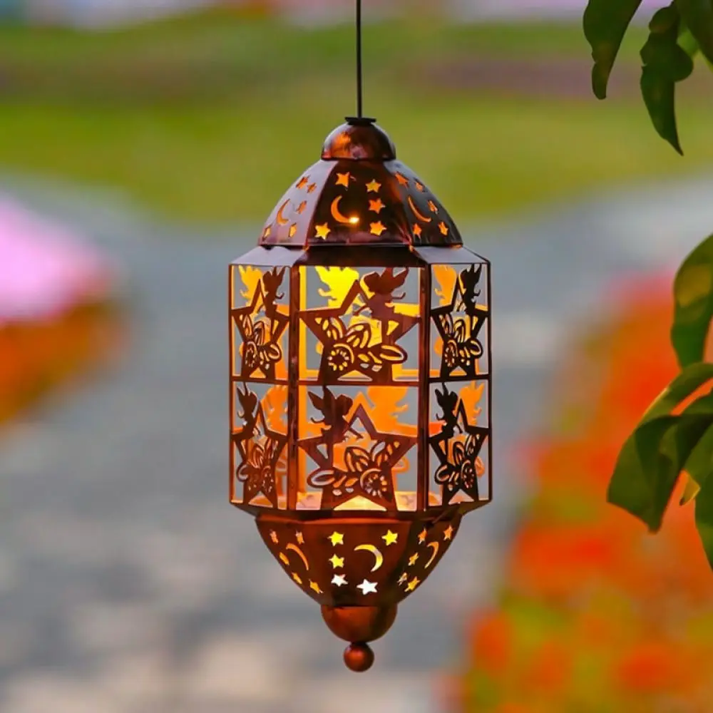 Waterproof Solar Iron Art Lantern Outdoor Garden Hanging Light Hollow Silhouette Lamp Patio Decor Lighting Fixture