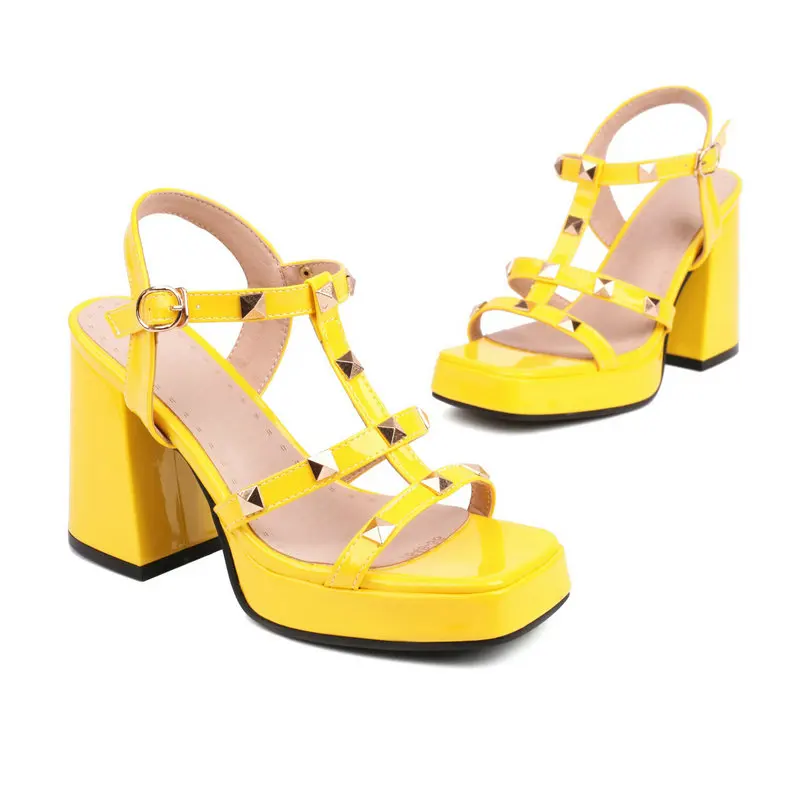 Bright Color Orange Yellow Lady Summer Dress Shoes T-strap Open Toe Block High Heels Sandals Platform Shoes With Studded Rivets