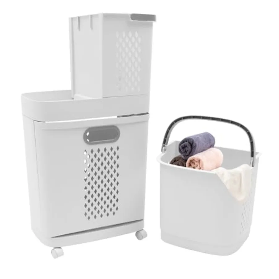 

Laundry Basket with Wheels 2 Tier Plastic Rolling Laundry Hamper 3 Section White Mesh Clothes Storage Organizer for Bathroom Li