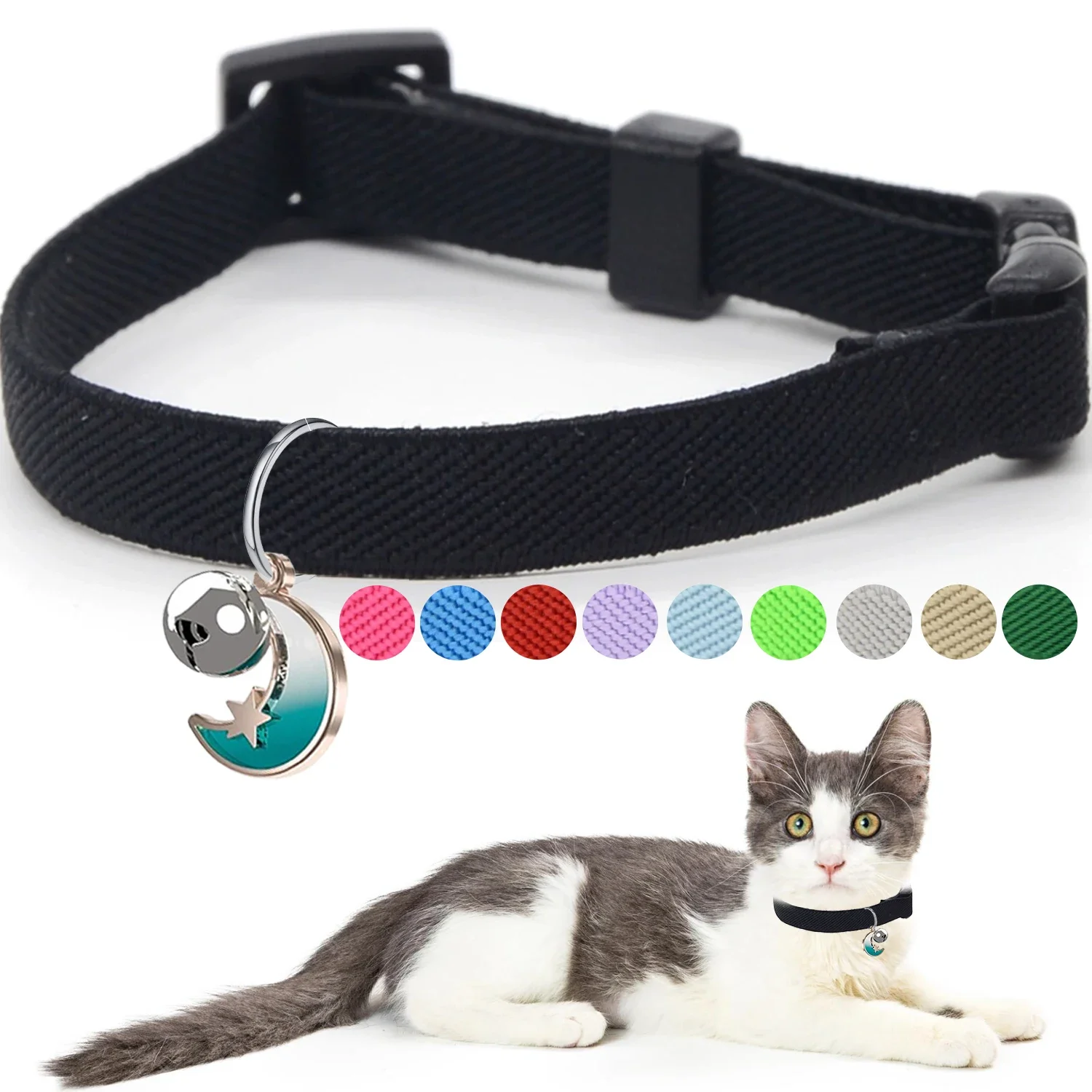 Modisches Katzenhalsband – elastisches Haustierhalsband mit Sicherheitsschnalle, Mond und Glocke – leicht, für Kätzchen, alle kleine, große Katzen, Welpen