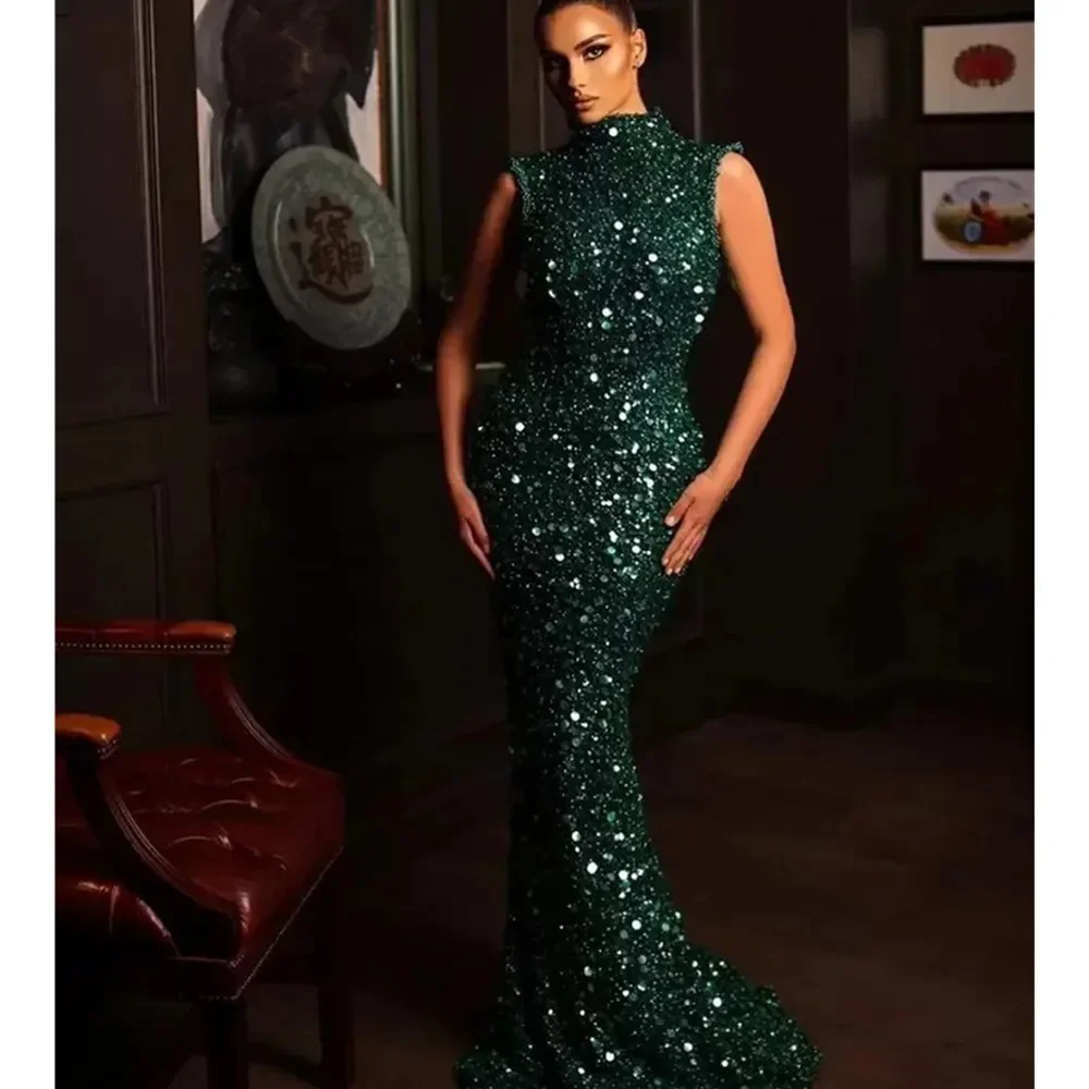 Luxury Arabic Dubai Dark Green Mermaid Prom Dresses Beaded Backless Sequined Evening Formal Engagement Gowns Robe De Soiree 2024