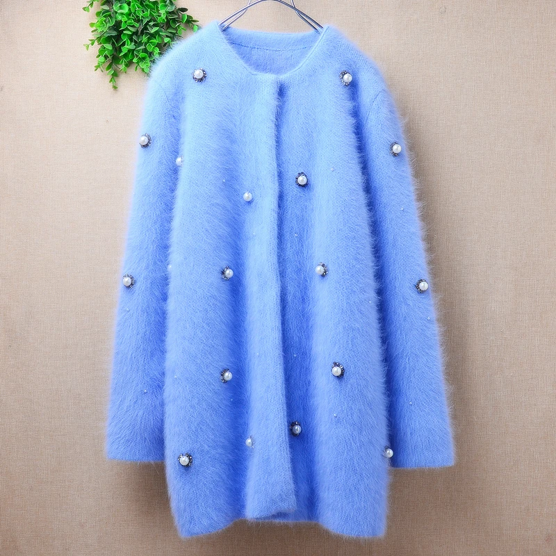 

Female Women Fall Winter Thick Warm Beading Hairy Mink Cashmere Knitted Long Sleeves Loose Cardigans Angora Fur Sweater Jacket