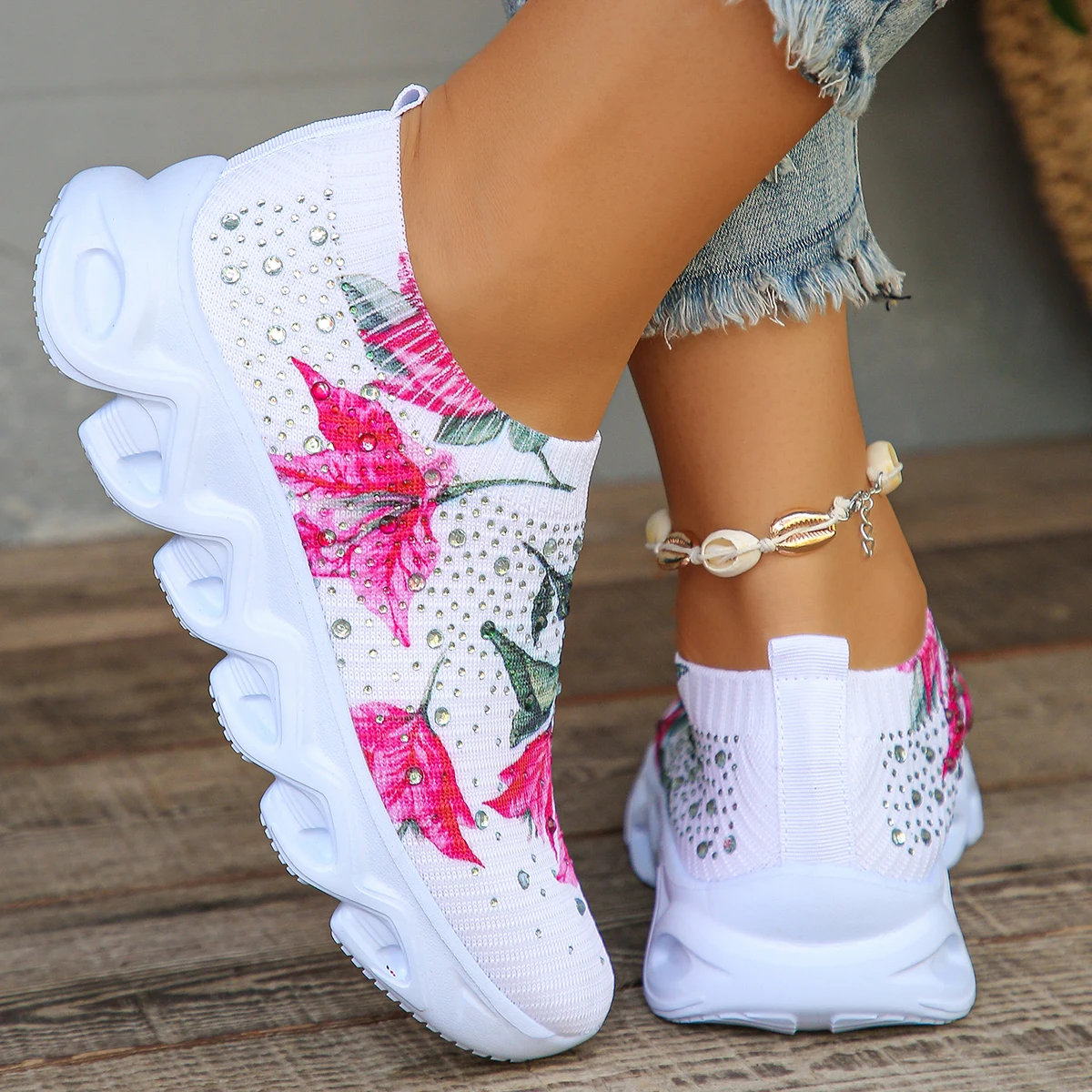 Crystal Floral Women\'s Knitted Sneakers Summer 2024 New Breathable Air Mesh Casual Shoes Woman Light Weight Walking Sports Flats