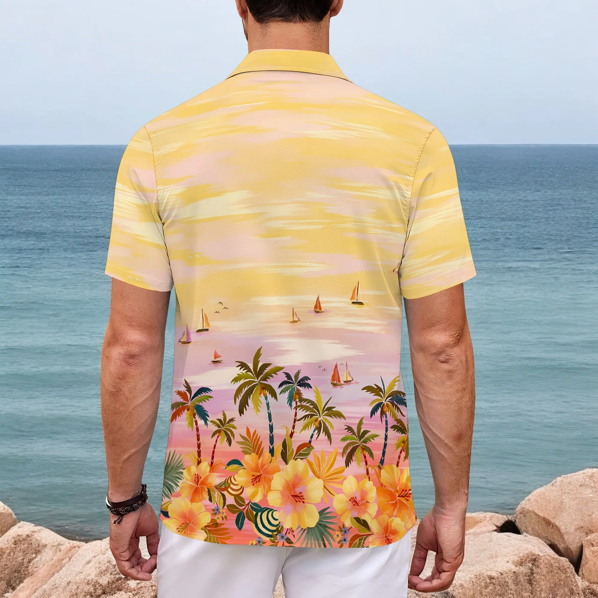 YEAE Sunset Beach Floral Print Shirt for Men Summer Casual Short Sleeve Top