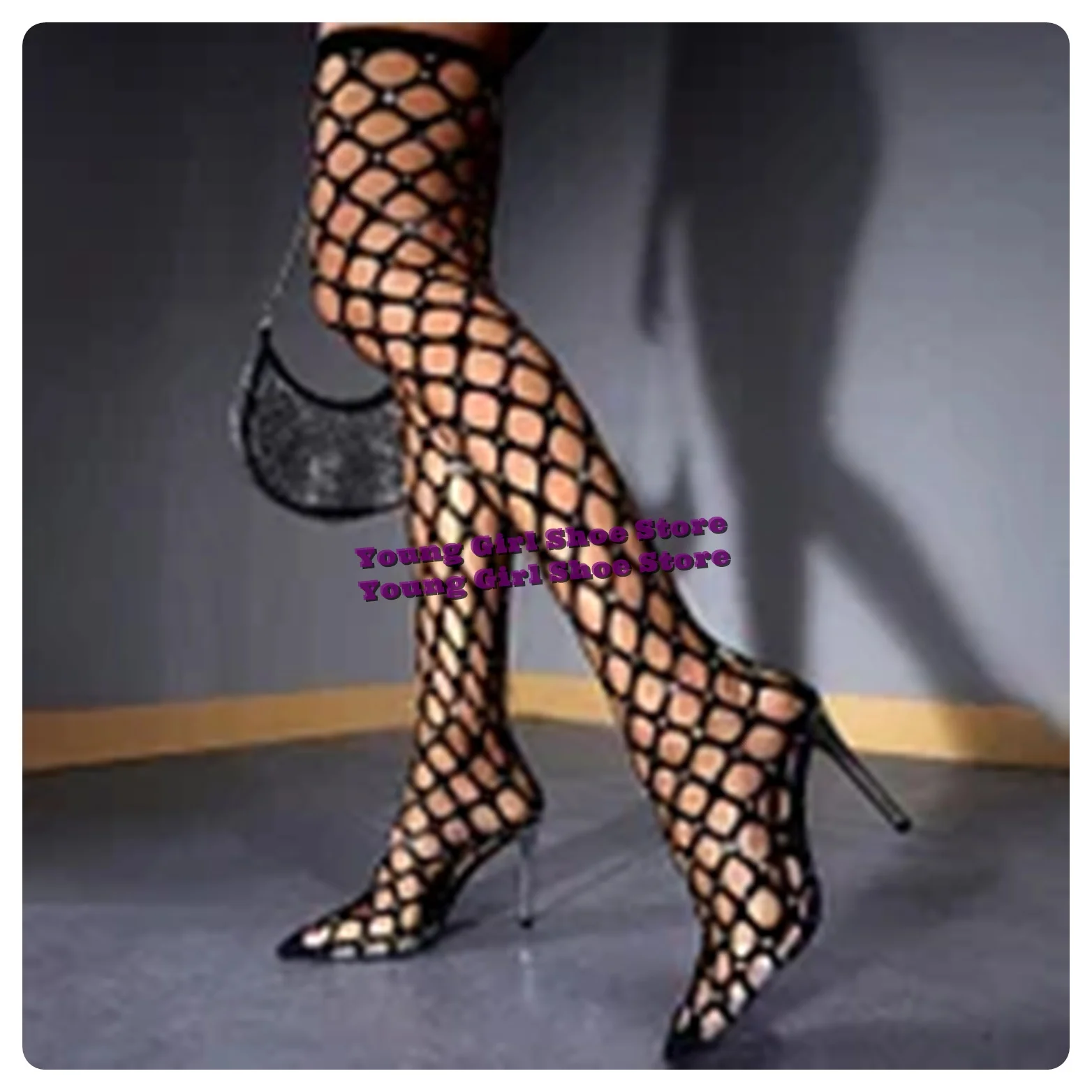 Pointed Toe Grid Hollowing Rhinestones Over-knee Boots Thin High Heels Summer Women Boots High Heeled 2024 New Arrivals Shoes