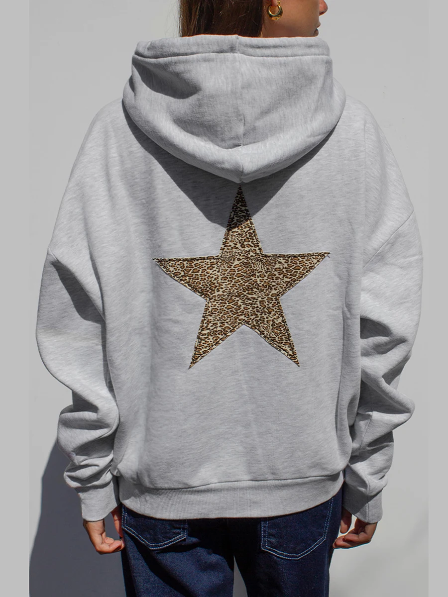 Women\'s Hooded Hoodie Casual Loose Star Print Long Sleeve Sweatshirt with Front Pocket for Fall Winter Streetwear Y2K 90s Punk