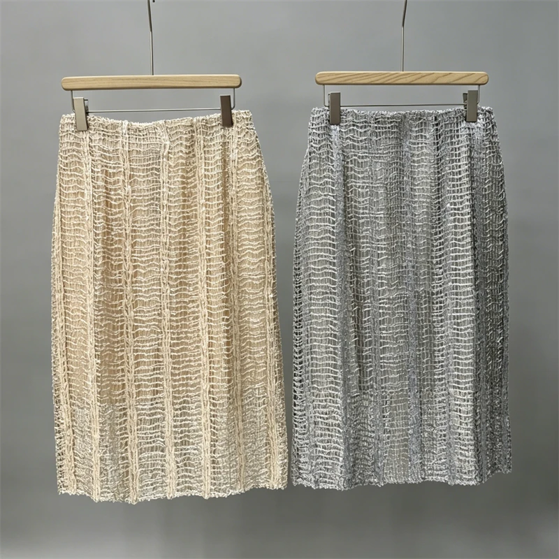 

2026 Summer New Women's High-Waisted Sequined Midi Skirt, High-Quality Fashionable Casual Linen Blend Hollow-Out Straight Skirt