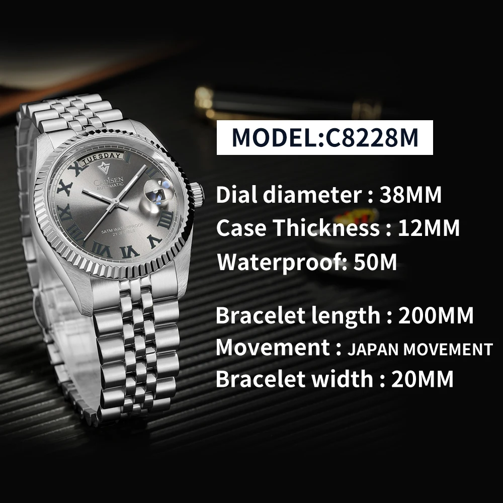 CADISEN 38MM Men\'s Automatic Mechanical Watch Japan MIYOT Movt AR Sapphire Glass Water Resistant Stainless Steel Reloj Hombre