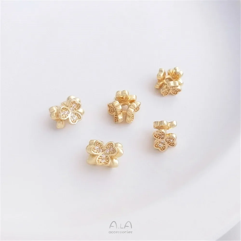 

14K package of real gold color-preserving micro-inlaid zircon three-leaf flower septicle DIY pearl bracelet necklace accessories