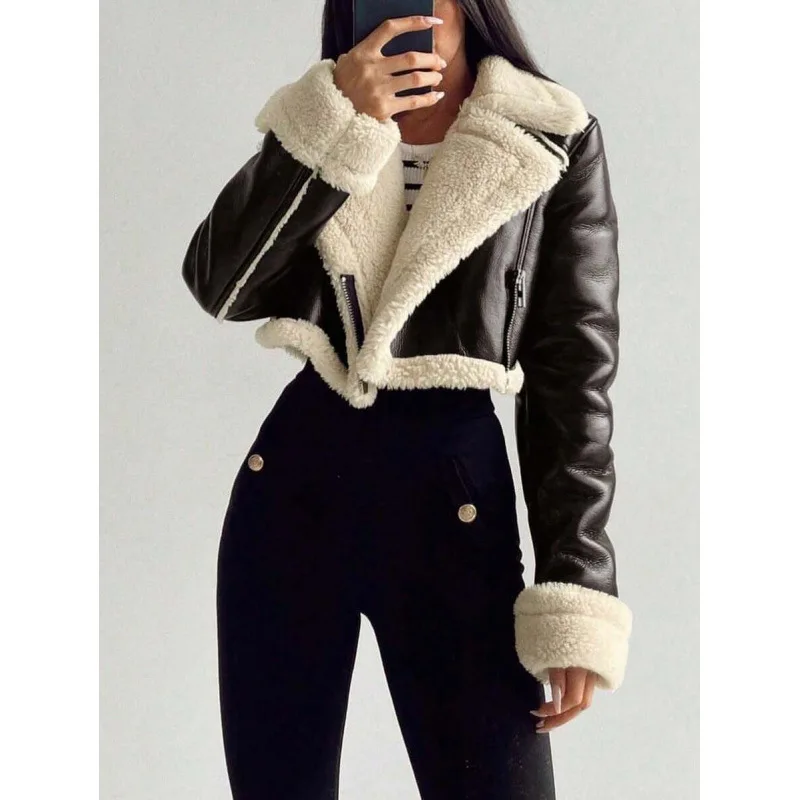 

Кожаная куртка с воротником из овчины на молнии, женская, весенняя, модная, без бренда