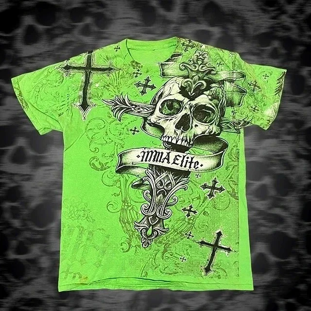 خمر الصليب الجمجمة طباعة الأخضر Y2k تي شيرت الهيب هوب الرجال النساء الجرافيك المحملة توهج الظلام حفلة Ins شعبية الملابس للجنسين الملابس #2