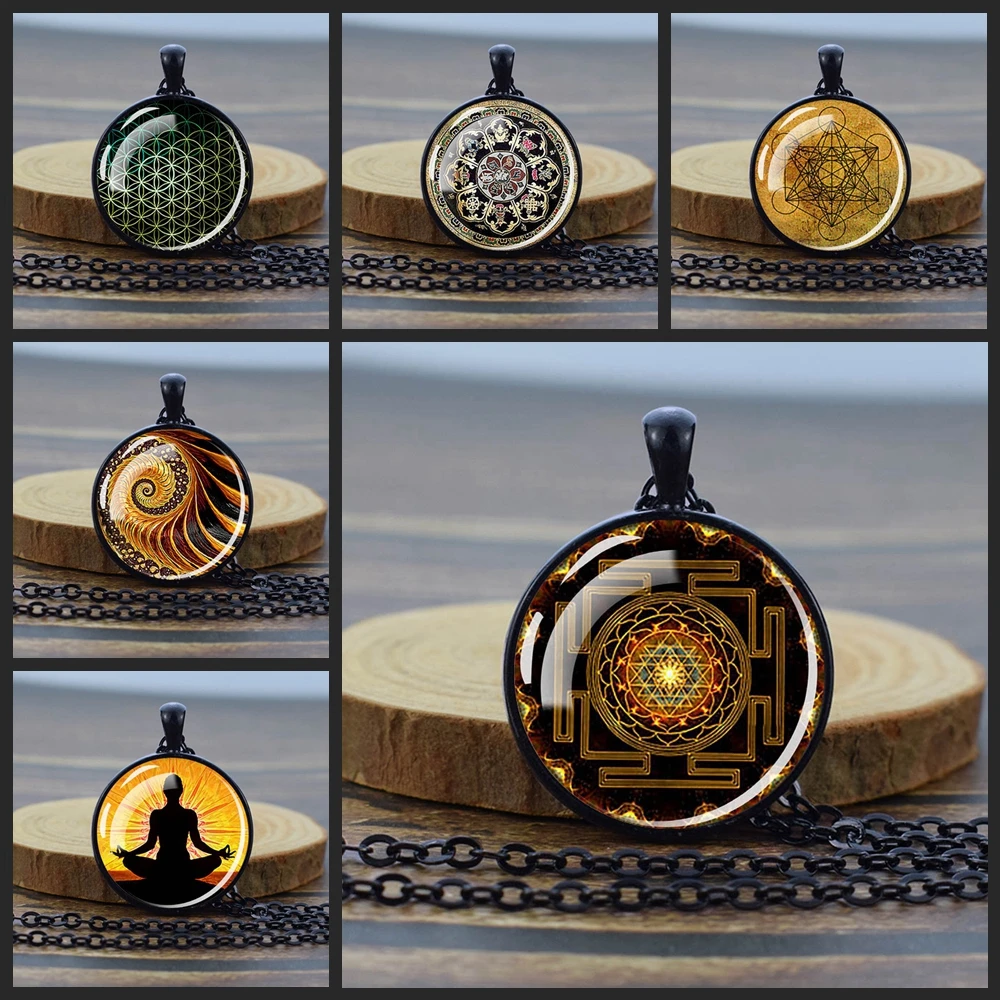 Sacred Geometry Pendants Necklace Mandala Metatron's Cube Sri Yantra Glass Dome Vintage Pendant Zen Yoga Amulet Buddhist Jewelry