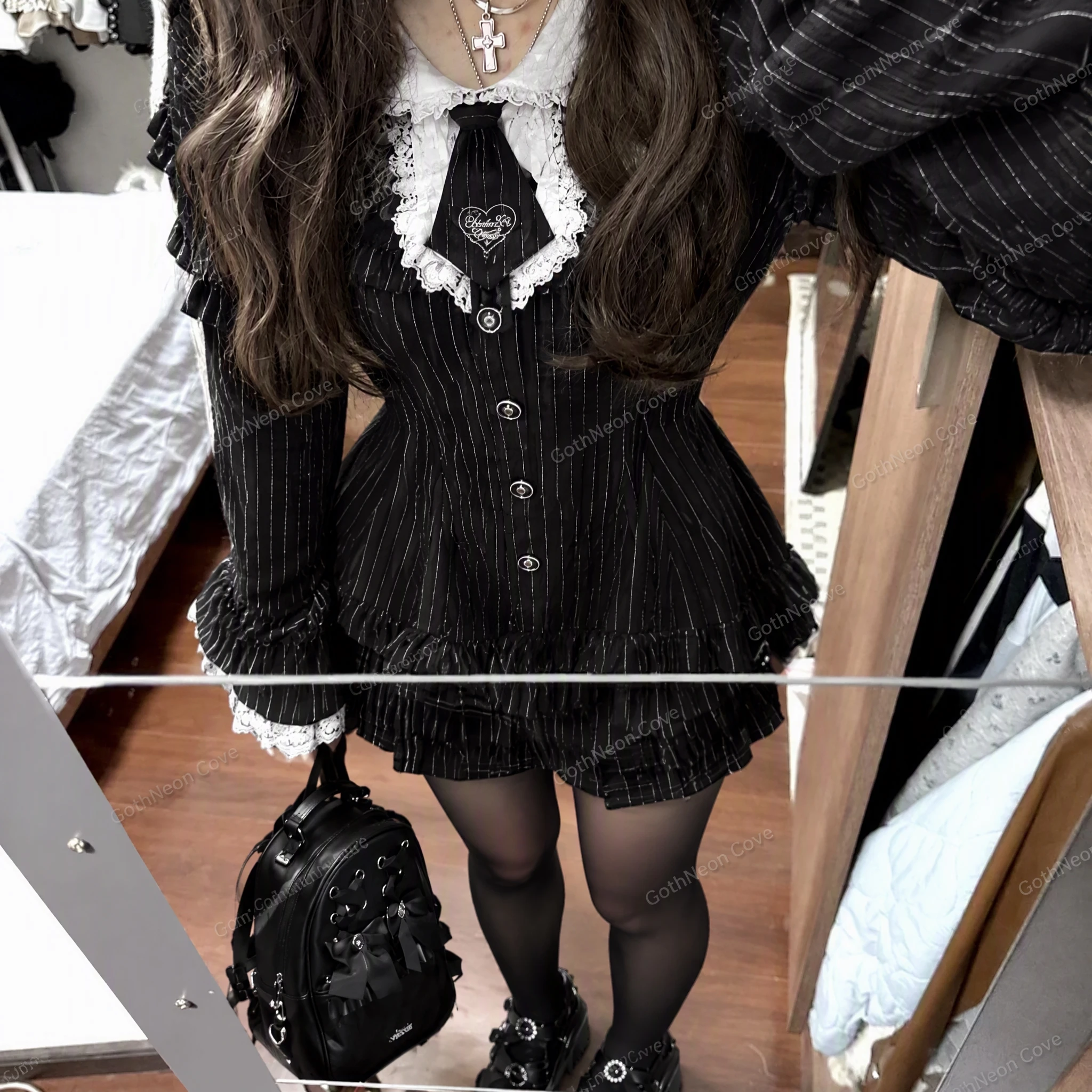 Japanese Dark Gothic Two Piece Set Women Flared Sleeve Striped Slim Mini Dress + Shorts Set Subculture Y2K Jirai Kei Clothing