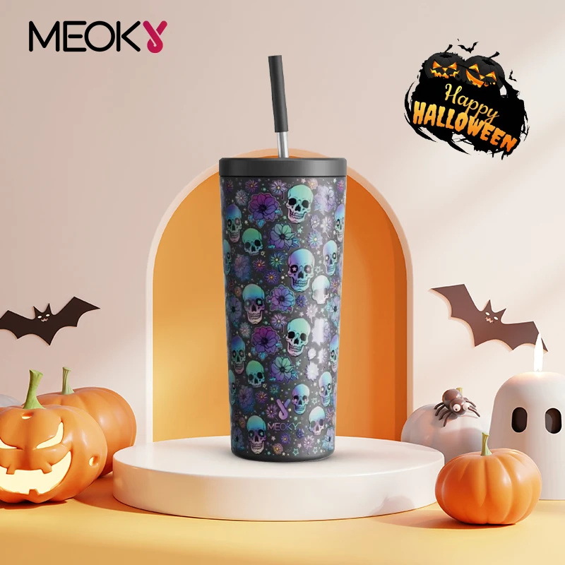 

Meoky 24oz Tumbler with Straw Cold Insulated Coffee Cup Halloween Skulls Stainless Steel Leak-Proof Portable Vacuum Car Mug Gift