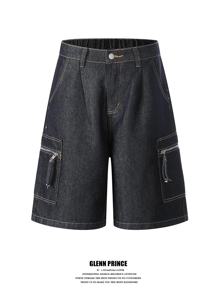 

GPstudio American Retro High Street Zipper Large Pocket Denim Shorts Men Summer Loose Workwear Original Jeans Mid-length Pants