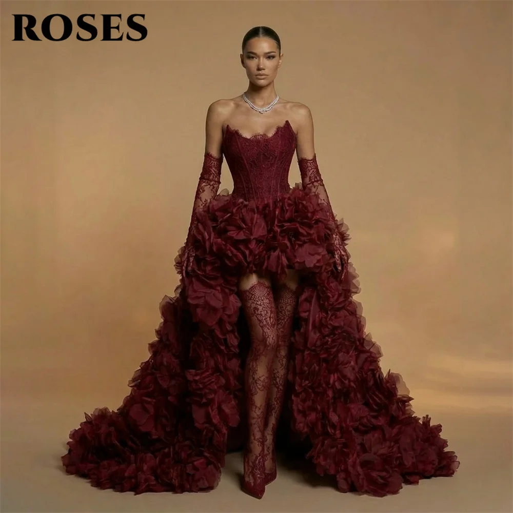 

ROSES Burgundy Prom Dress Strapless Celebrity Dress A Line Zipper Back Evening Dresses High Low Train Formal Gown Customized