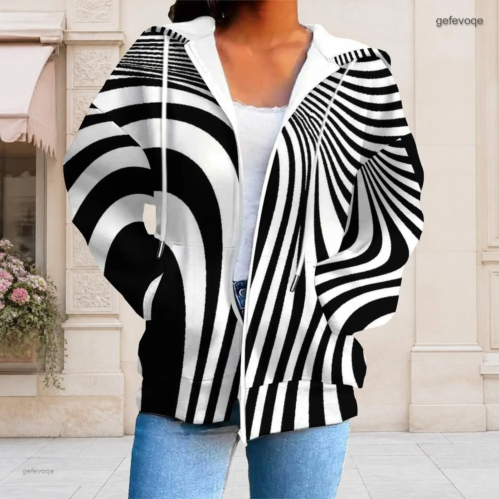 Women Black White Curved Swirl Stripe Print Zip Up Long Sleeve Hoodie with Pockets