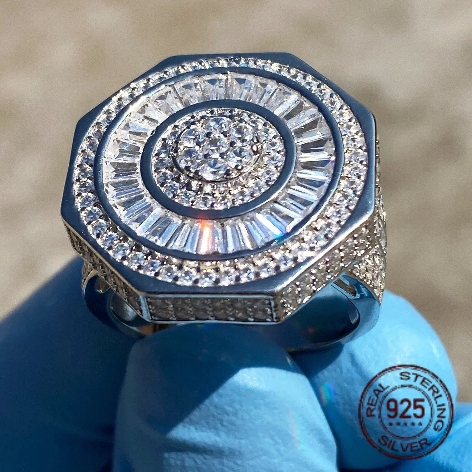 رجل الصلبة 925 فضة المثمن الهيب هوب الدائري مثلج الرغيف الفرنسي الفيضانات خارج تشيكوسلوفاكيا مطعمة خمر مجوهرات هدية للذكرى السنوية #2