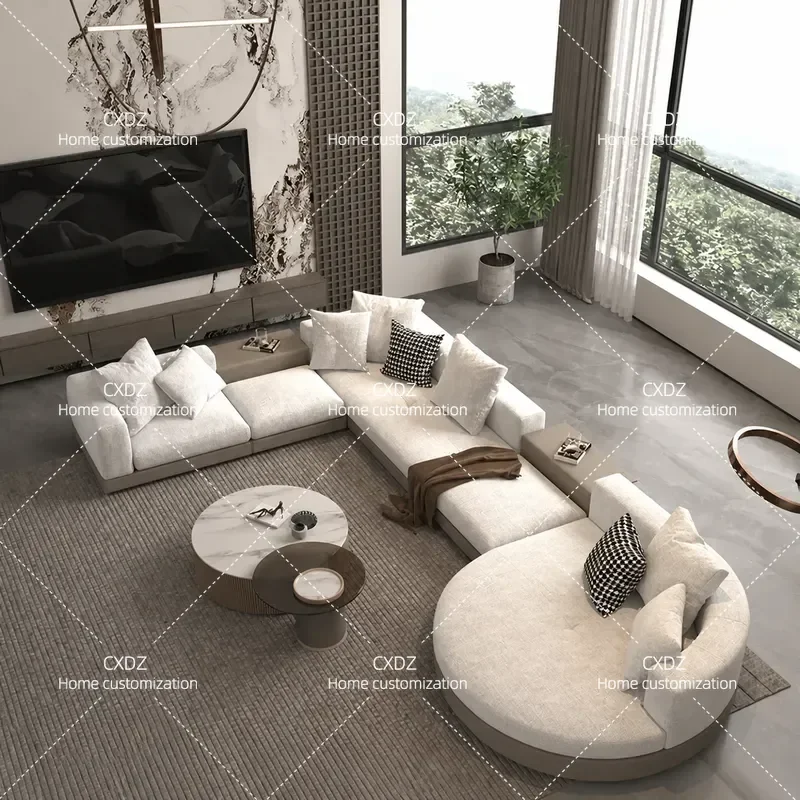 Light Luxury Large Straight Row Corner Round Sofa Cotton Linen Fabric Big Flat Layer Living Room Furniture for Apartment